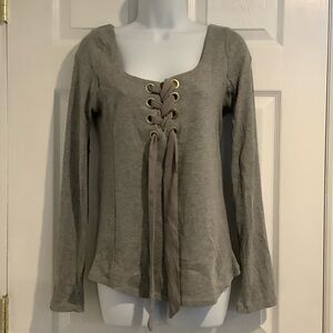 FREE PEOPLE Gray Lace Up Grommets Ribbed Stretchy Date Night Casual Top L